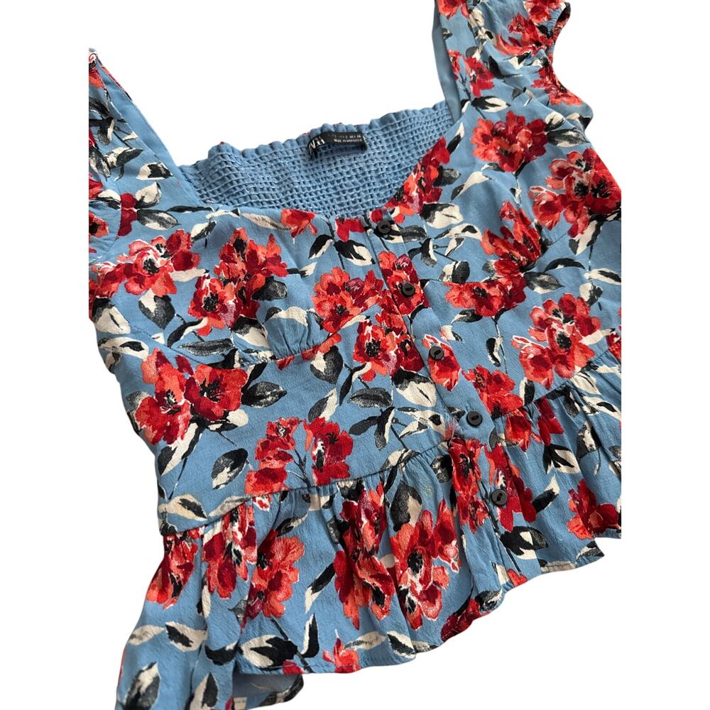 Zara Smocked Back Floral Cropped Top Red‎ & Blue Size Small - Picture 9 of 11